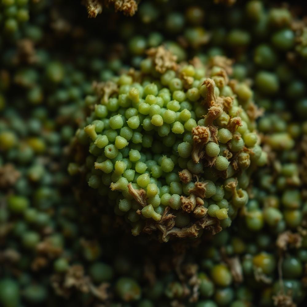 Macro view of a dense microbial community, evocative of the 50-strain consortium.