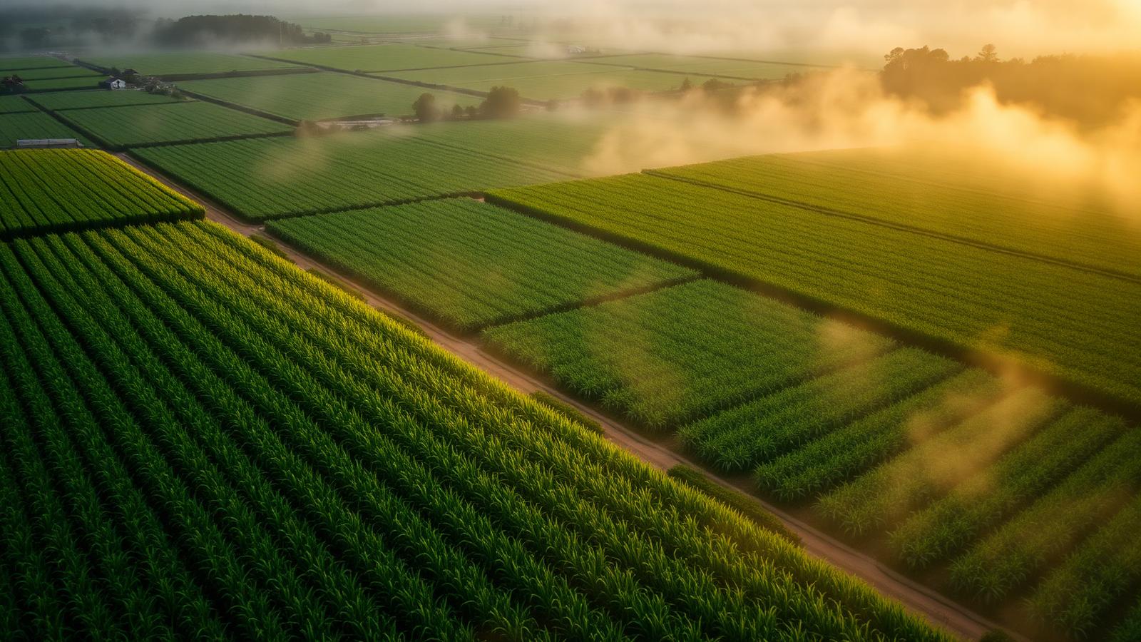 Aerial view of agricultural fields at sunrise.