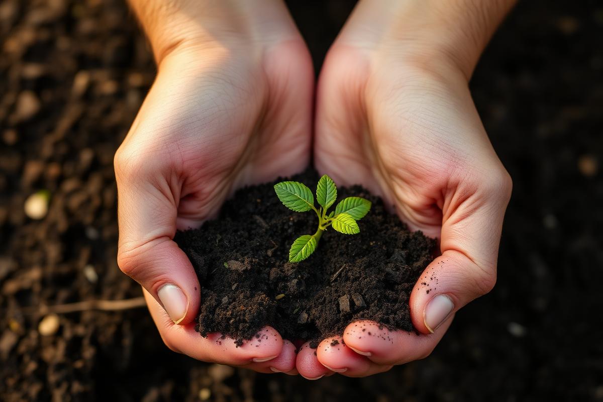 Hands holding rich dark soil with a young sprout.